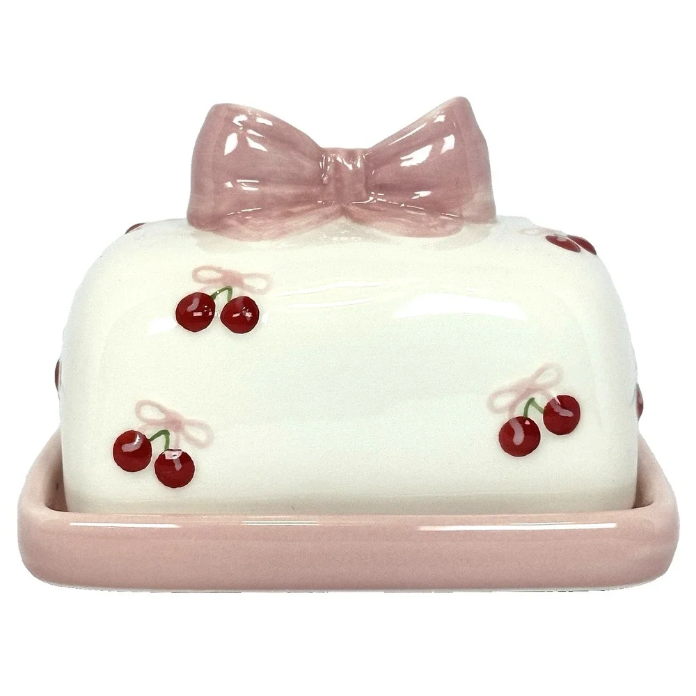 Pink Cherry Butter Dish Bow Lid Coquette Cottagecore Kawaii Kitchen Decor New